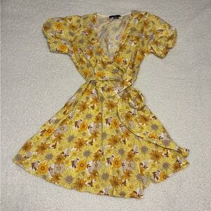 Forever 21 Women Yellow Sunflower Wrap Mini Dress